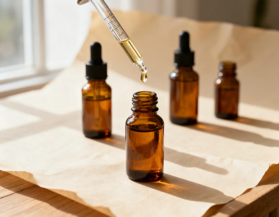 Essential oil bottles with a measuring pipette on a wooden table
