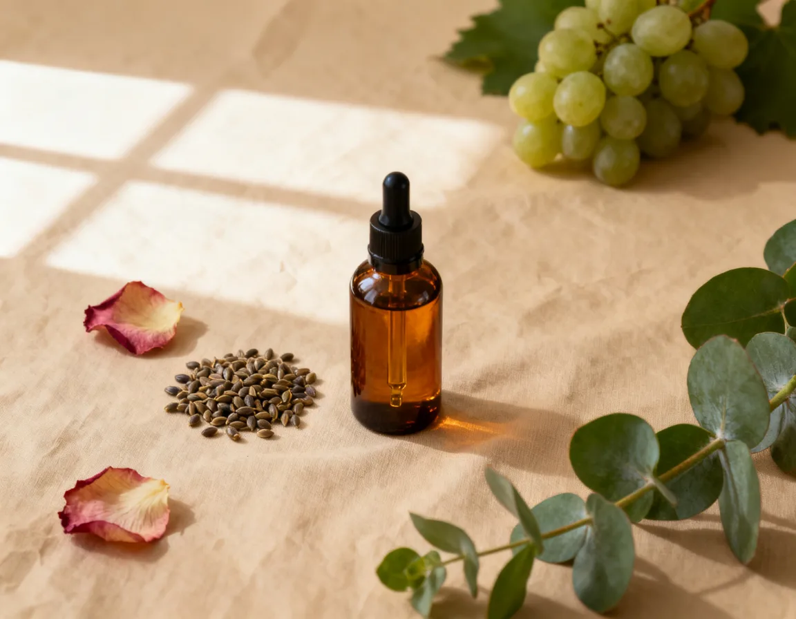 A dropper bottle of oil beside grape seeds, rose petals and botanicals