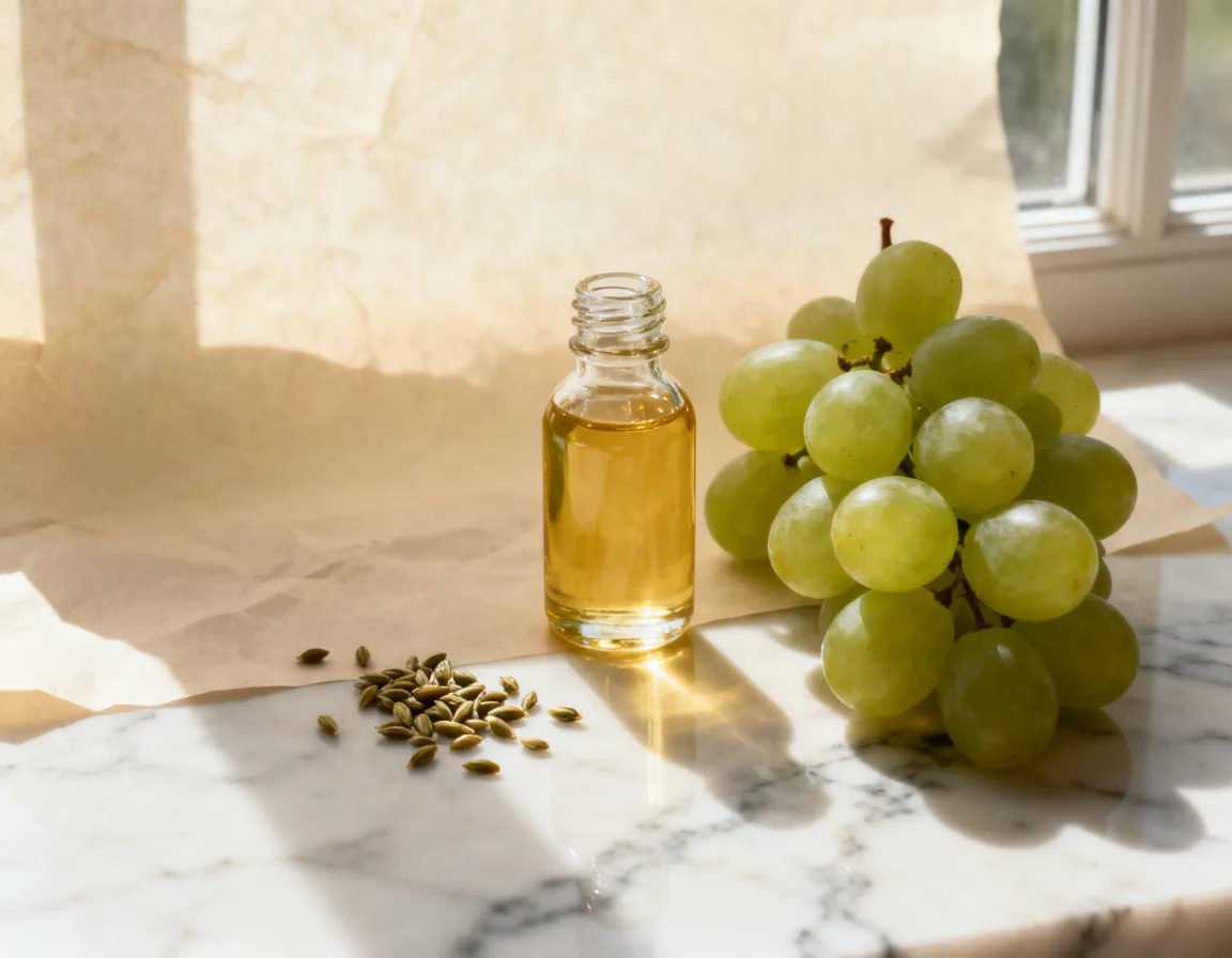 Grapeseed oil and fresh grapes on a marble surface