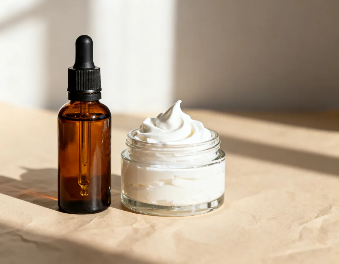 A dropper bottle of oil beside a jar of whipped body butter