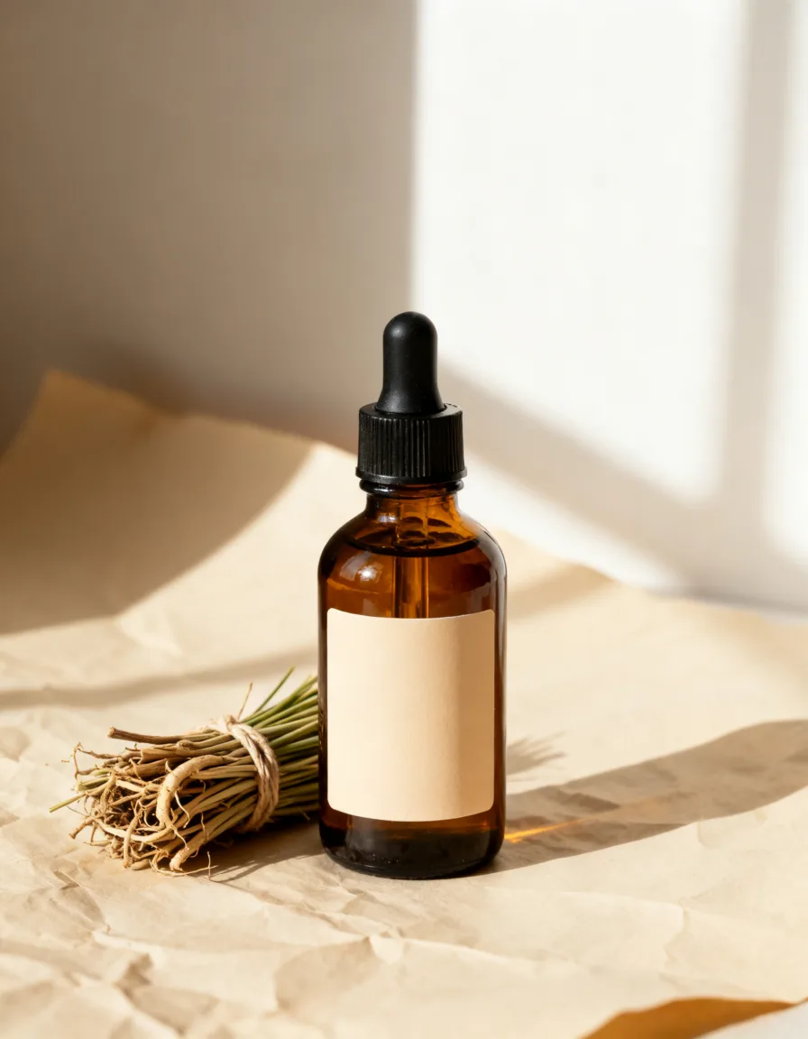 Vetiver Yoni Oil bottle with dried vetiver roots